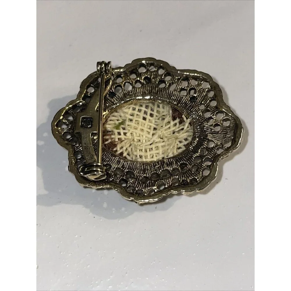 Vinatge Gold Tone Needlepoint‎ Floral Brooch Pin Filagre Mid-Century Art Deco A5